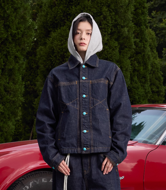 S45 Turquoise Button Denim Jacket | Face 3 Face