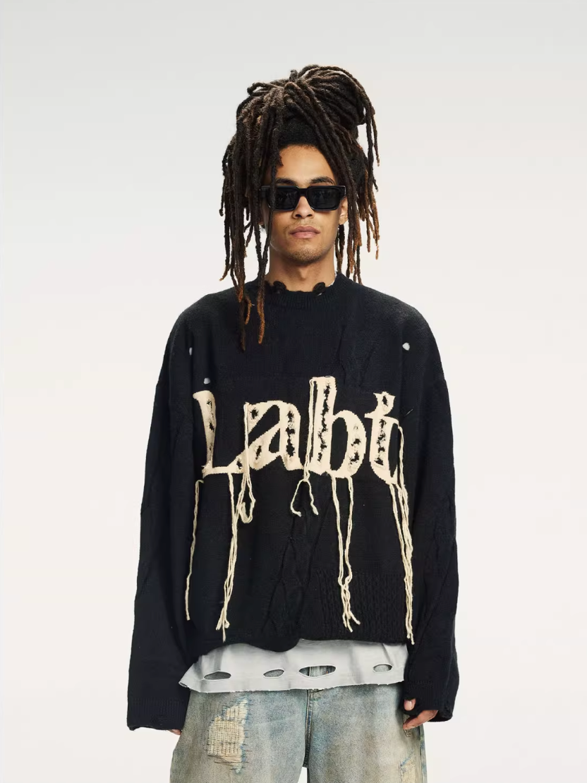 Labt Fringe Lanyard Logo Distressed Knit Sweater | Face 3 Face