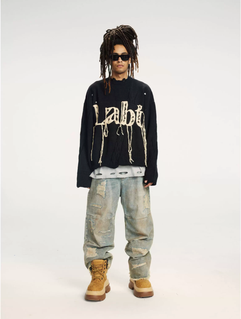 Labt Fringe Lanyard Logo Distressed Knit Sweater | Face 3 Face