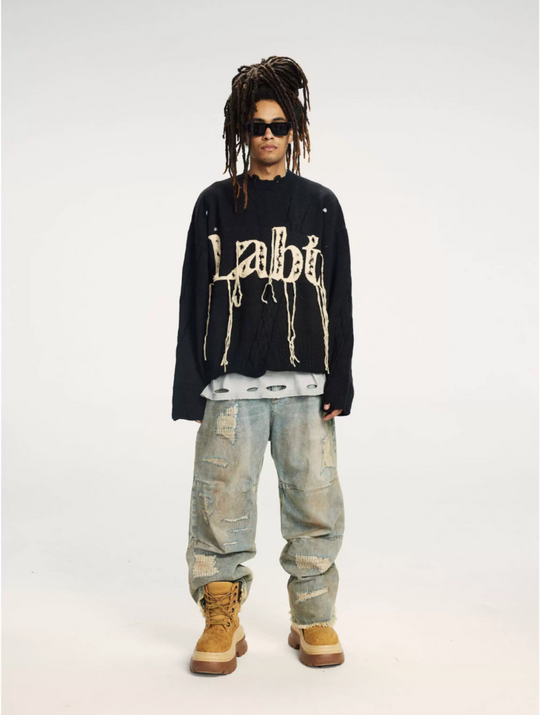 Labt Fringe Lanyard Logo Distressed Knit Sweater | Face 3 Face