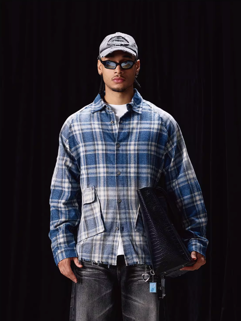 Labt Washed Flannel Plaid Long Sleeve Pocket Shirt | Face 3 Face