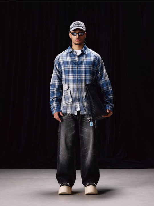 Labt Washed Flannel Plaid Long Sleeve Pocket Shirt | Face 3 Face