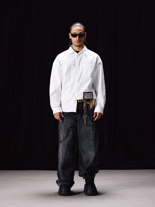 Labt Patch Embroidered Wrinkled Long Sleeve Shirt | Face 3 Face