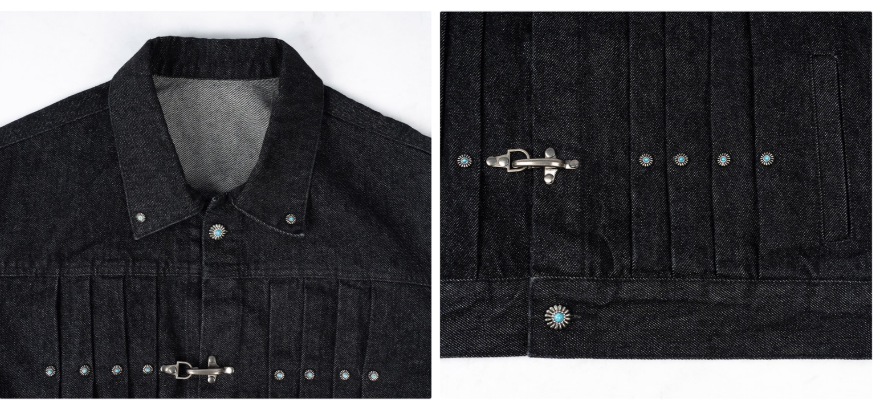 ANTIDOTE Turquoise Studded Pleated Buckle Denim Jacket | Face 3 Face