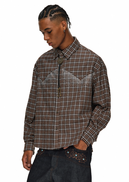 ANTIDOTE Rhinestone Flannel Plaid Long Sleeve Shirt | Face 3 Face