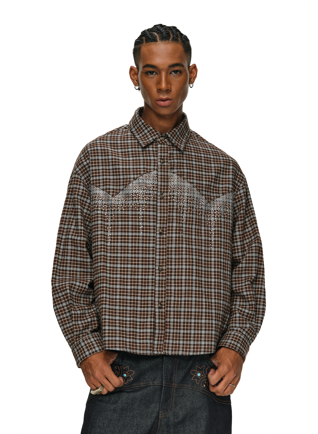 ANTIDOTE Rhinestone Flannel Plaid Long Sleeve Shirt | Face 3 Face