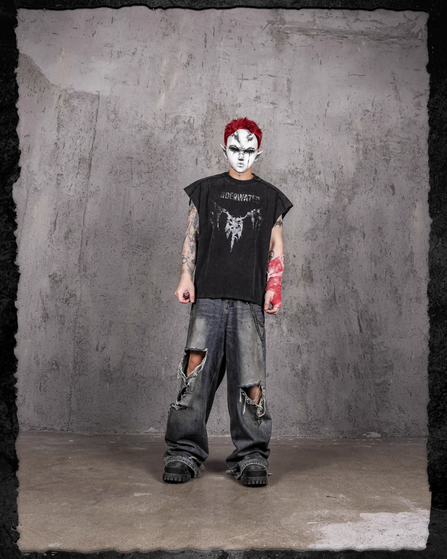 UNDERWATER Washed Devil Bone Print Distressed Sleeveless Tee | Face 3 Face