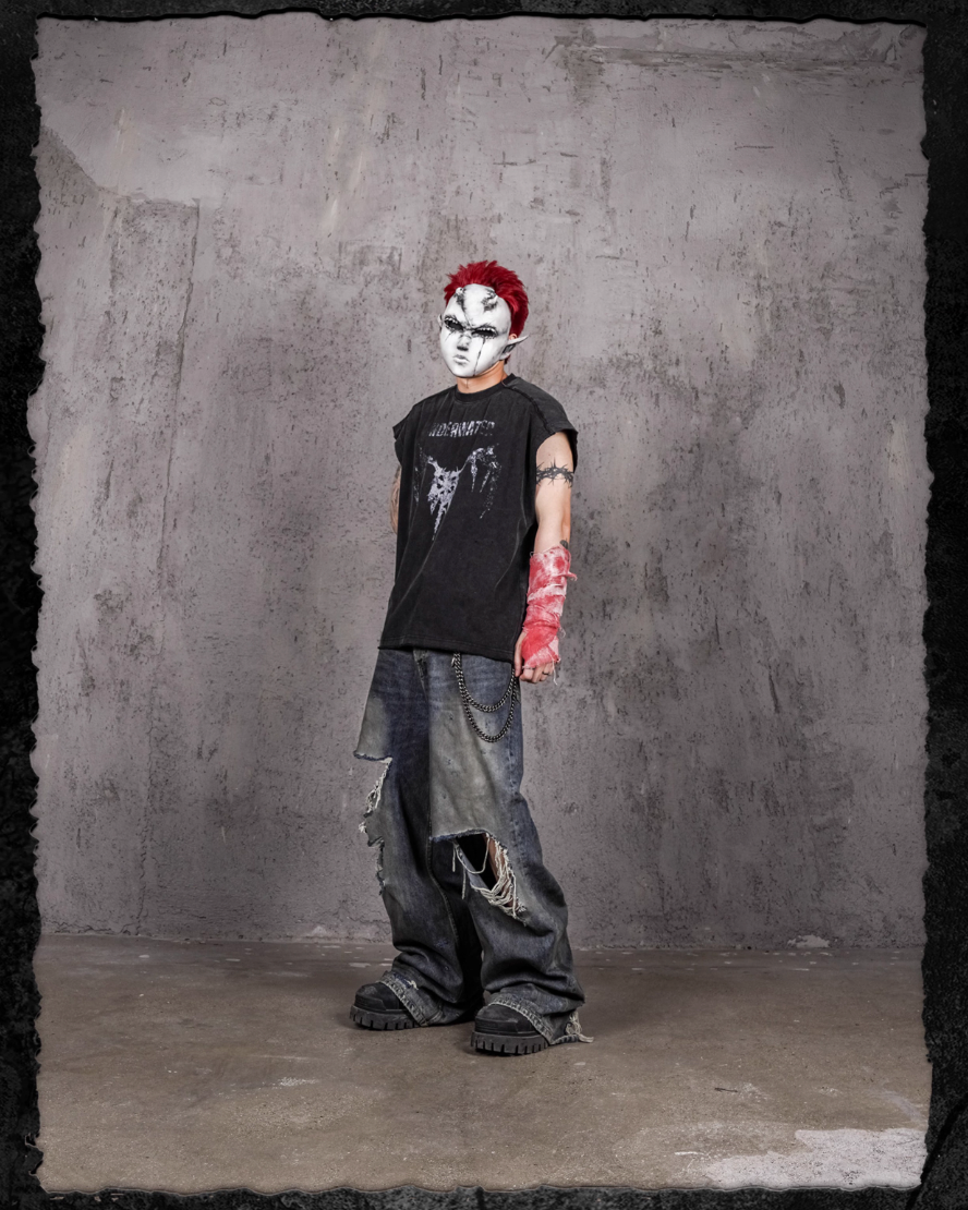 UNDERWATER Washed Devil Bone Print Distressed Sleeveless Tee | Face 3 Face