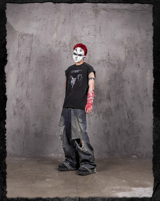 UNDERWATER Washed Devil Bone Print Distressed Sleeveless Tee | Face 3 Face