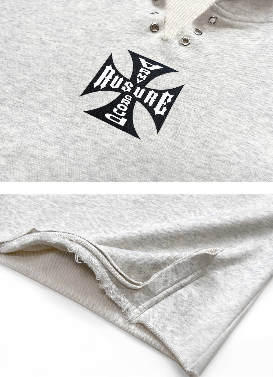 RUSURE V Neck Cross Logo Destruction Hoodie | Face 3 Face