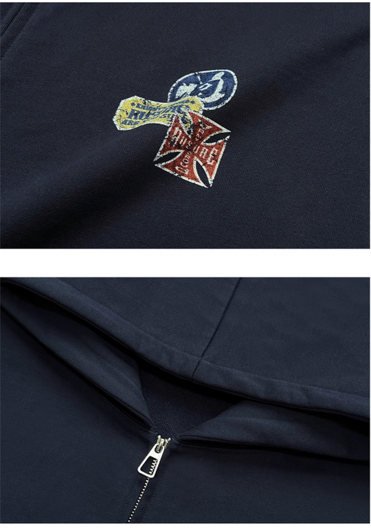 RUSURE Vintage Print Zip Up Hoodie | Face 3 Face