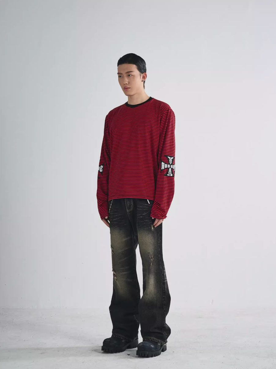 RUSURE Striped Cross Logo Print Long Sleeve Tee | Face 3 Face