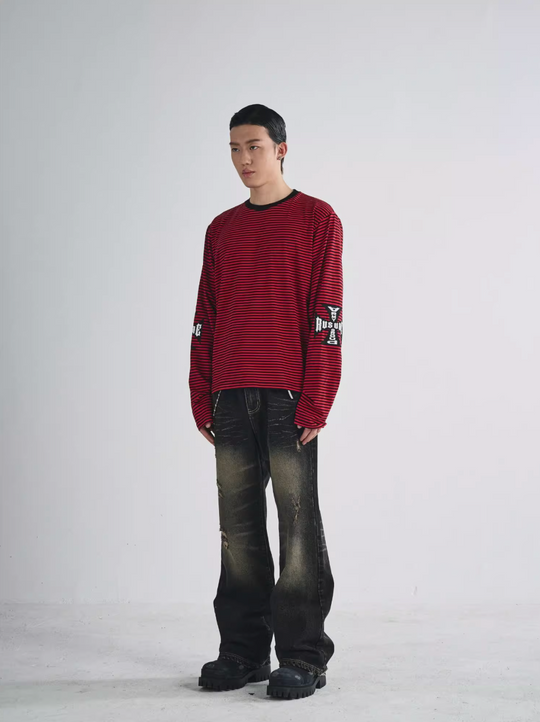 RUSURE Striped Cross Logo Print Long Sleeve Tee | Face 3 Face