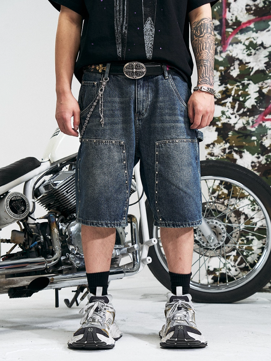 RUSURE Crash Studded Double Knee Denim Shorts | Face 3 Face