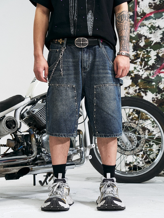 RUSURE Crash Studded Double Knee Denim Shorts | Face 3 Face