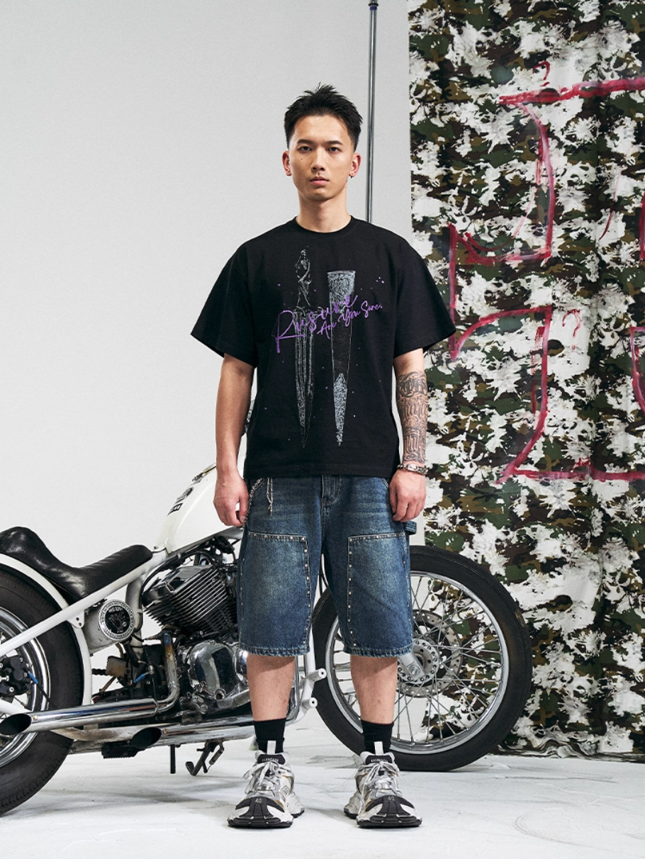 RUSURE Crash Studded Double Knee Denim Shorts | Face 3 Face