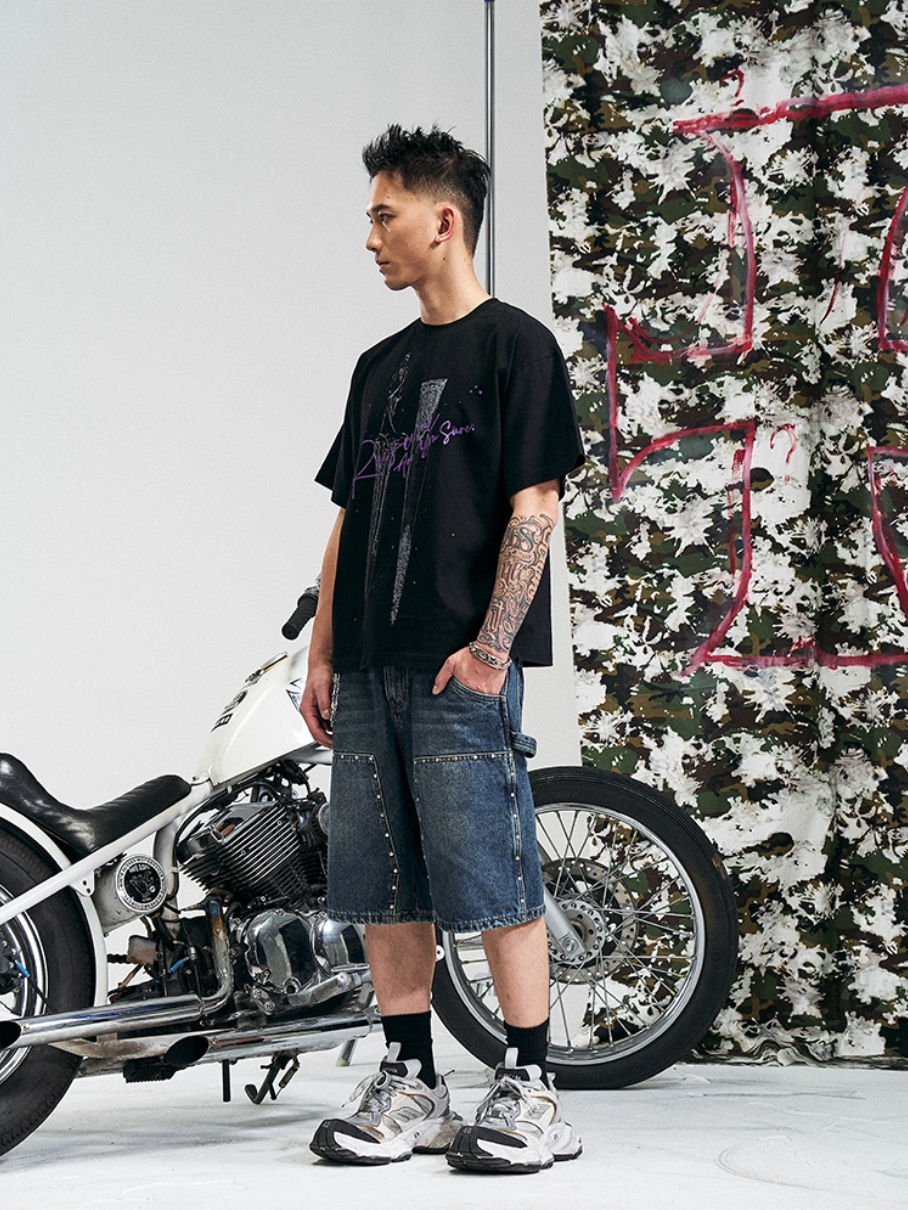 RUSURE Crash Studded Double Knee Denim Shorts | Face 3 Face