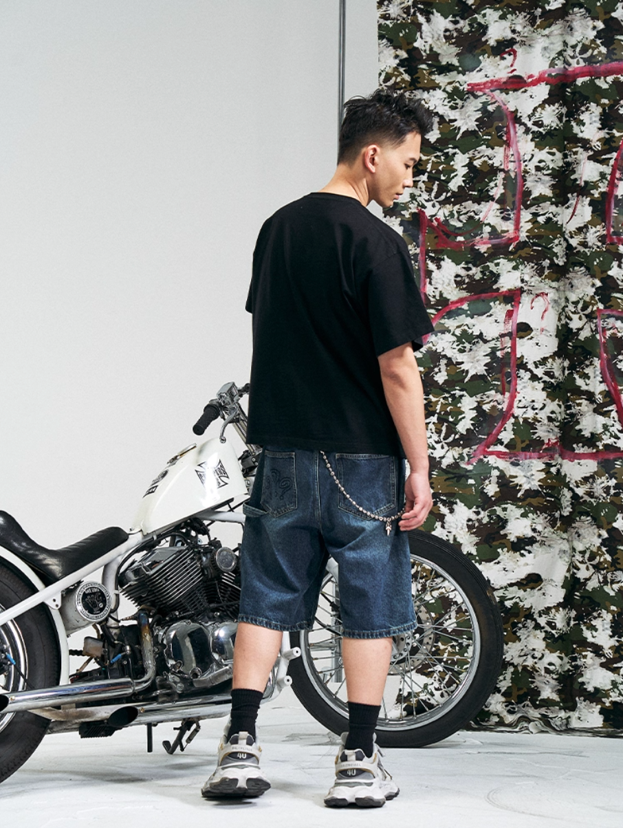 RUSURE Crash Studded Double Knee Denim Shorts | Face 3 Face