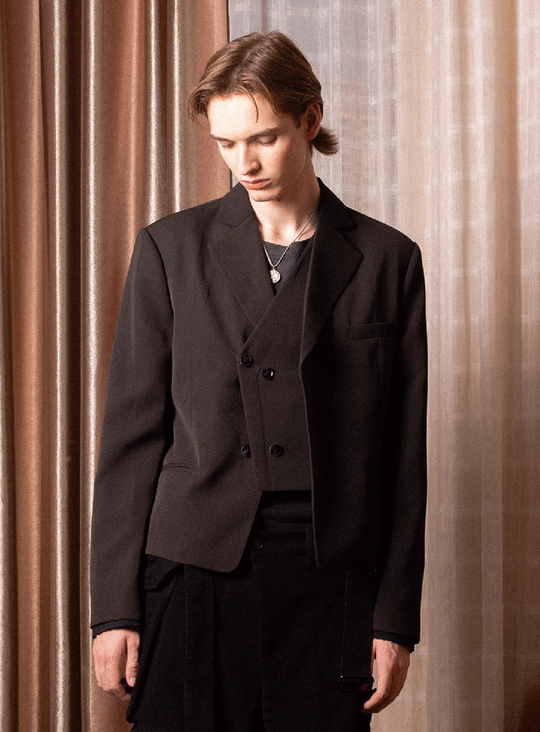 SOD Co. Deconstructed Pinstripe Double Breasted Short Suit Jacket | Face 3 Face