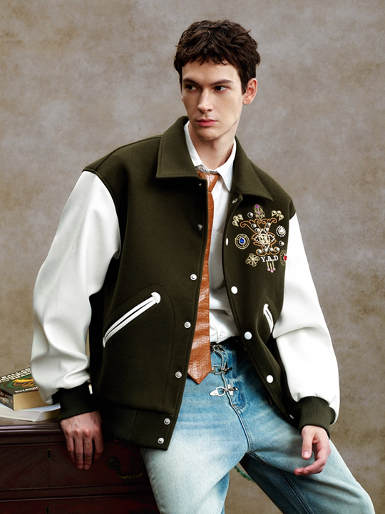 YADcrew Colorful Gemstone Cross Varsity Jacket | Face 3 Face