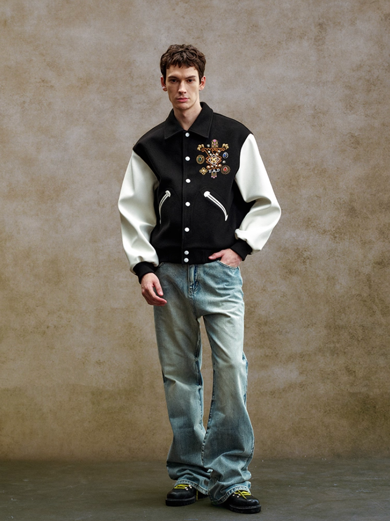 YADcrew Colorful Gemstone Cross Varsity Jacket | Face 3 Face