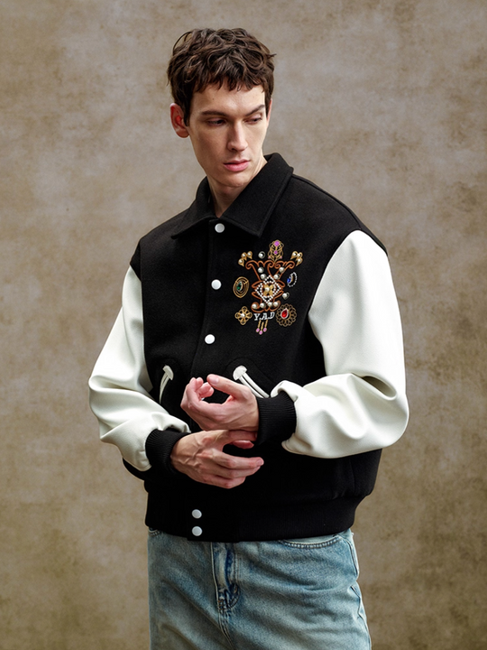 YADcrew Colorful Gemstone Cross Varsity Jacket | Face 3 Face