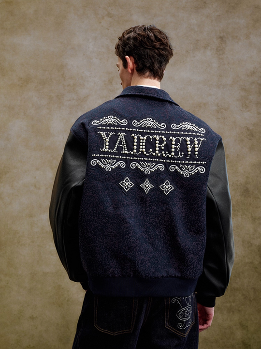 YADcrew Pearl Patch Embroidered Varsity Jacket | Face 3 Face