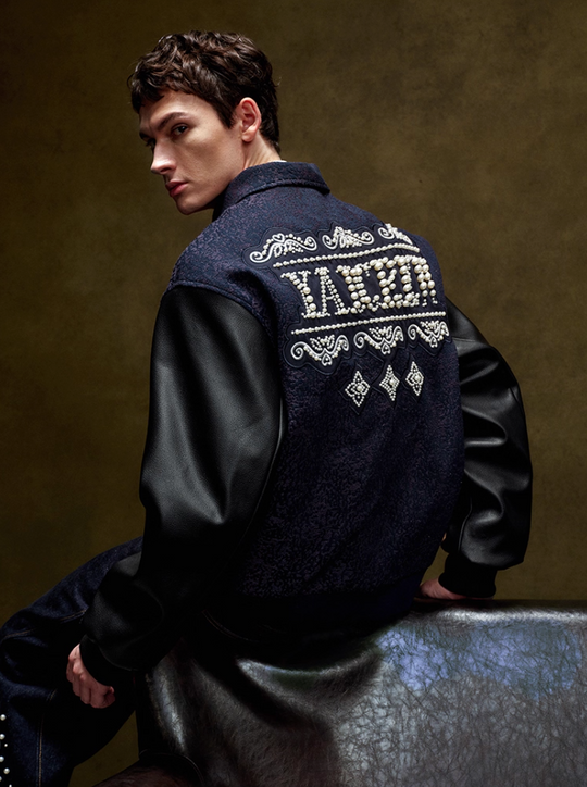 YADcrew Pearl Patch Embroidered Varsity Jacket | Face 3 Face