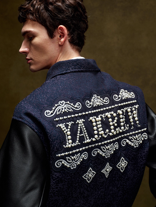 YADcrew Pearl Patch Embroidered Varsity Jacket | Face 3 Face