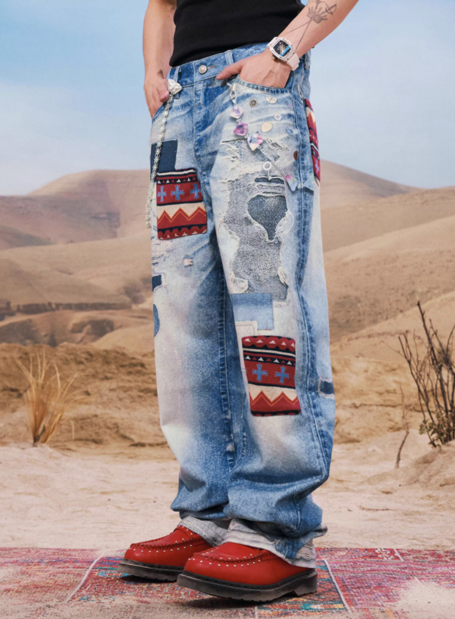YADcrew Ethnic Patchwork Print Jeans | Face 3 Face