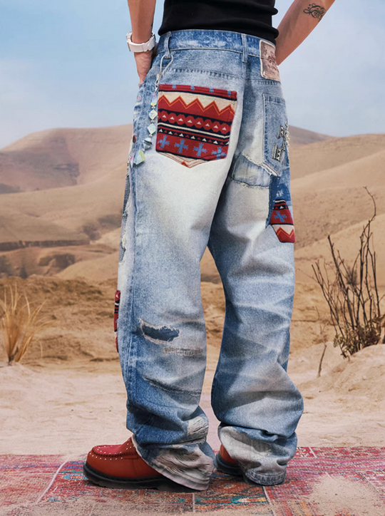 YADcrew Ethnic Patchwork Print Jeans | Face 3 Face