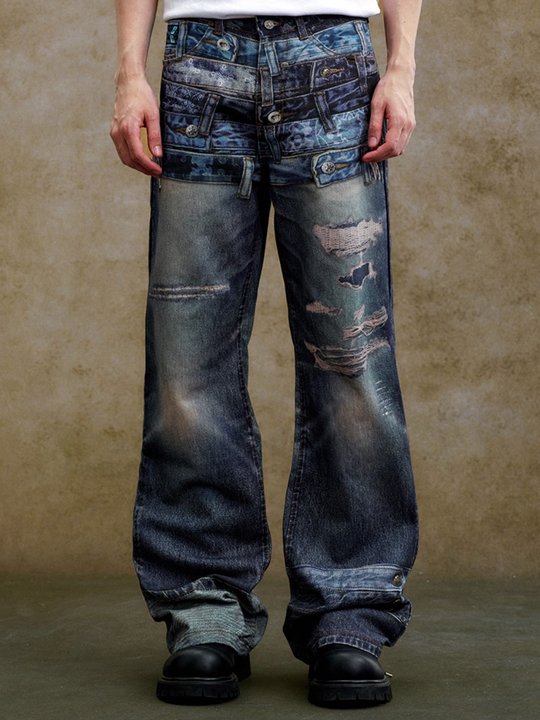 YADcrew Double Waistband Distressed Print Jeans | Face 3 Face