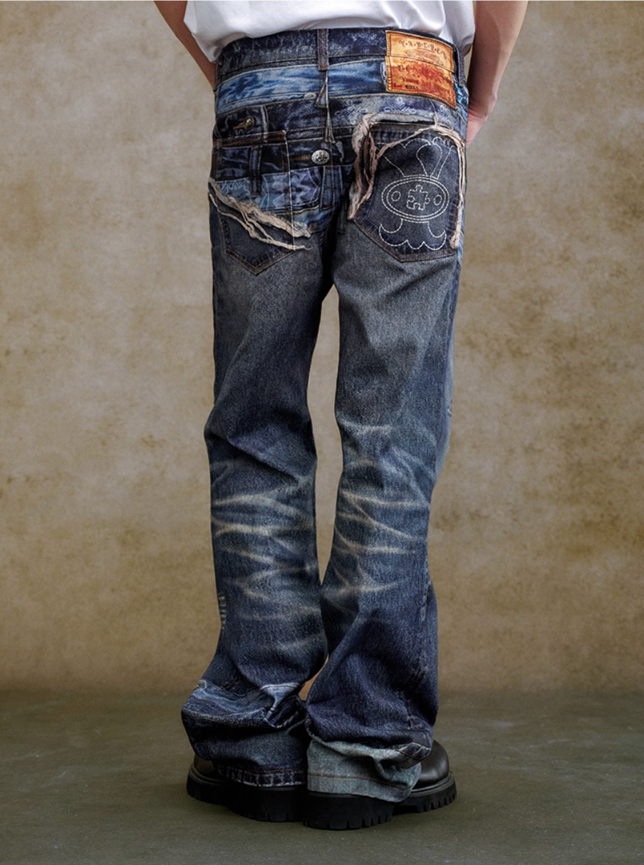 YADcrew Double Waistband Distressed Print Jeans | Face 3 Face