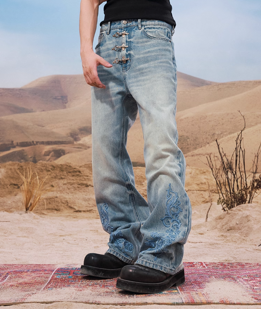 YADcrew Snap Button 3D Embroidery Washed Jeans | Face 3 Face