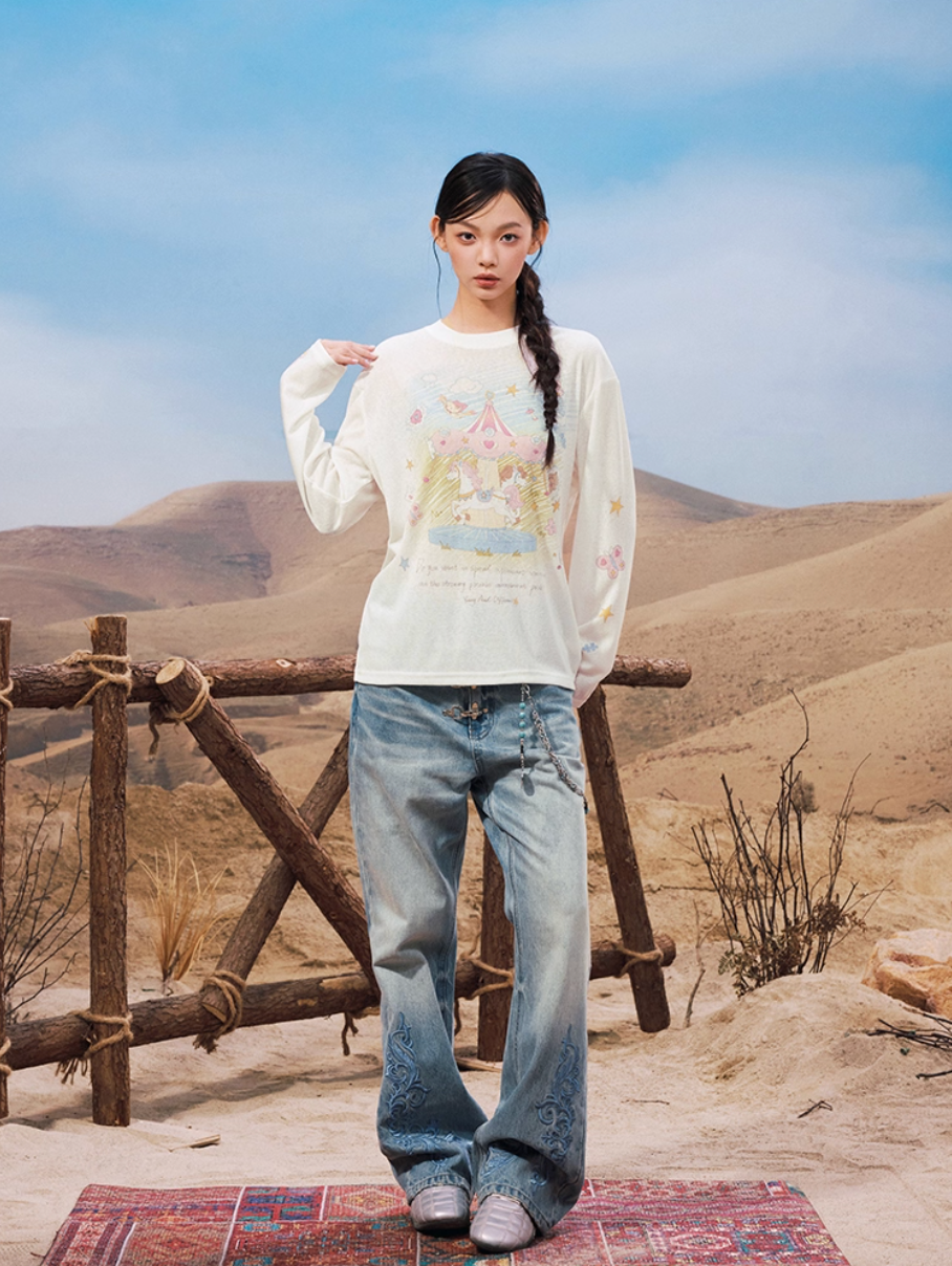 YADcrew Snap Button 3D Embroidery Washed Jeans | Face 3 Face