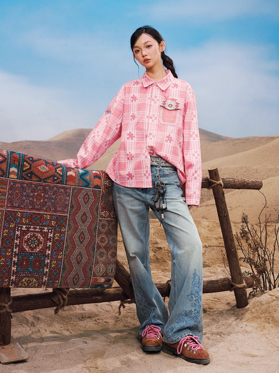 YADcrew Snap Button 3D Embroidery Washed Jeans | Face 3 Face