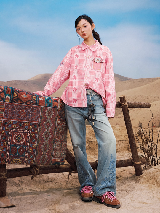 YADcrew Snap Button 3D Embroidery Washed Jeans | Face 3 Face