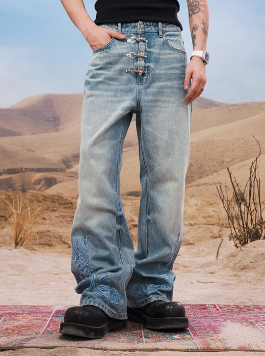 YADcrew Snap Button 3D Embroidery Washed Jeans | Face 3 Face