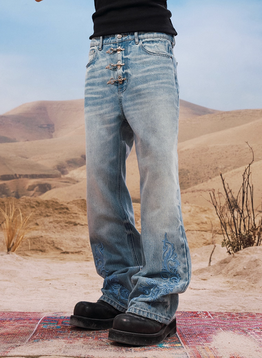 YADcrew Snap Button 3D Embroidery Washed Jeans | Face 3 Face