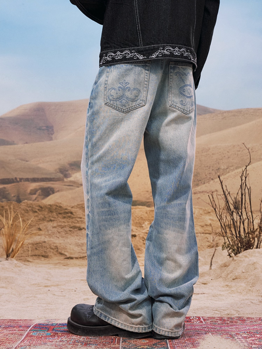 YADcrew Snap Button 3D Embroidery Washed Jeans | Face 3 Face