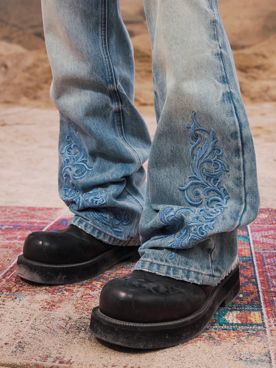 YADcrew Snap Button 3D Embroidery Washed Jeans | Face 3 Face