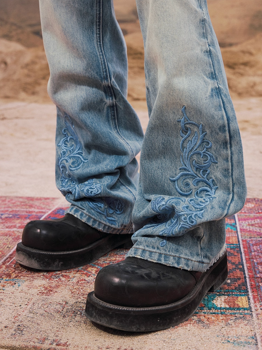 YADcrew Snap Button 3D Embroidery Washed Jeans | Face 3 Face