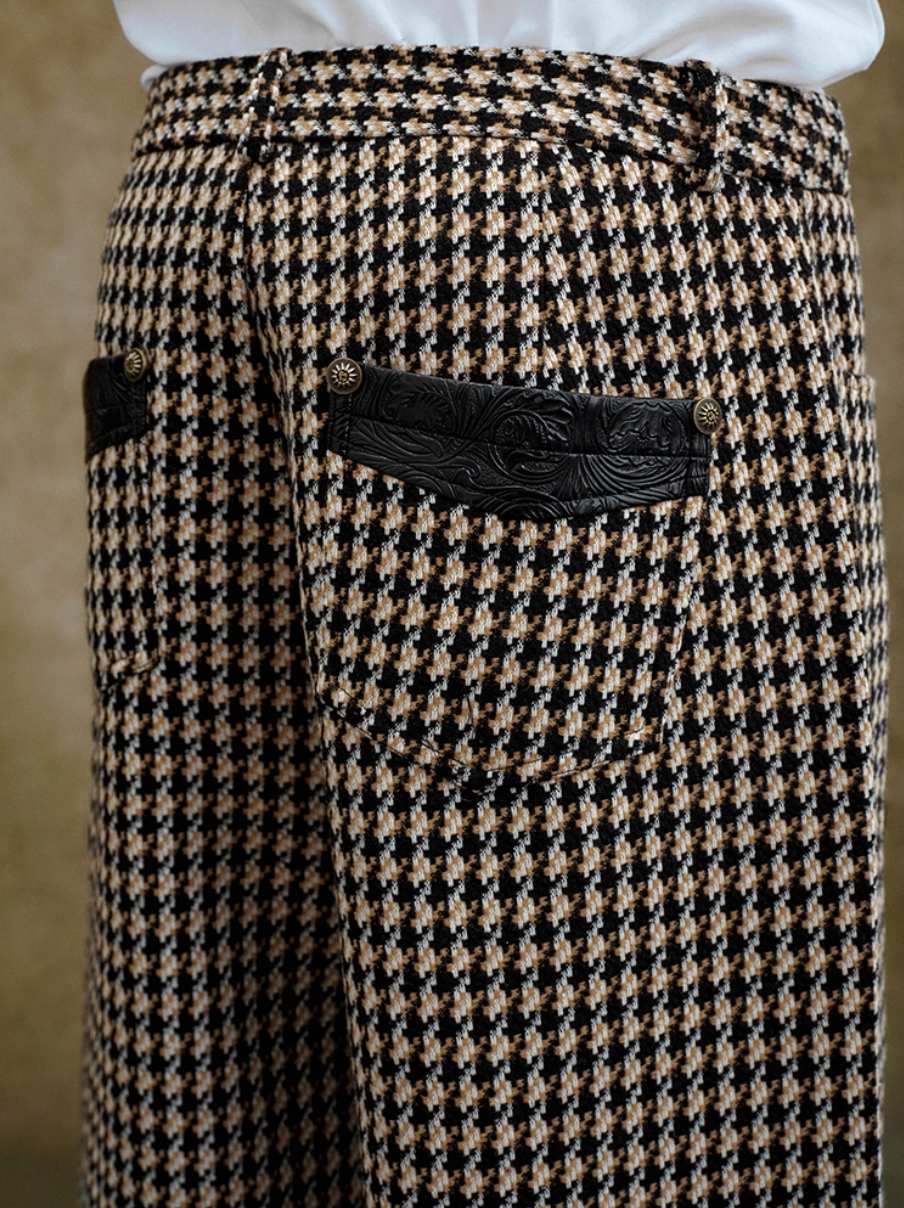 YADcrew Houndstooth Patchwork Leather Pants | Face 3 Face