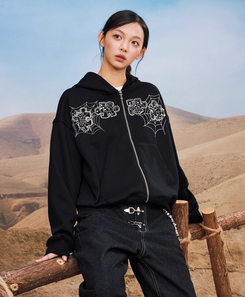 YADcrew Spiderweb Puzzle Pearl Embroidery Zip Up Hoodie | Face 3 Face