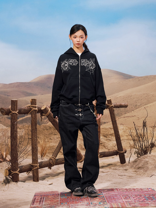 YADcrew Spiderweb Puzzle Pearl Embroidery Zip Up Hoodie | Face 3 Face