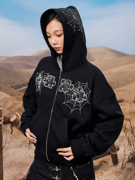 YADcrew Spiderweb Puzzle Pearl Embroidery Zip Up Hoodie | Face 3 Face