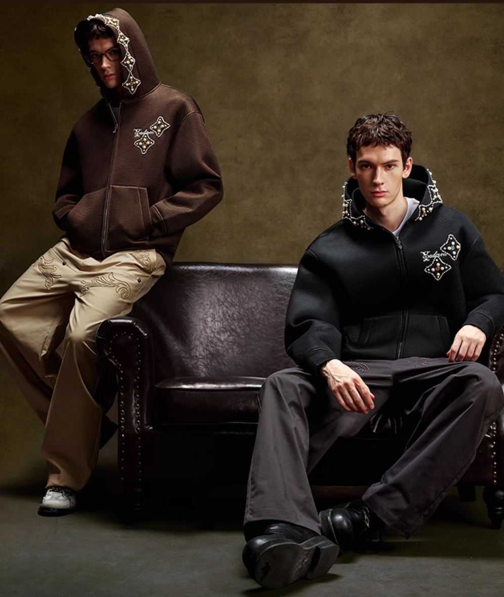 YADcrew Colorful Gemstone Pearl Mesh Zip Up Hoodie | Face 3 Face