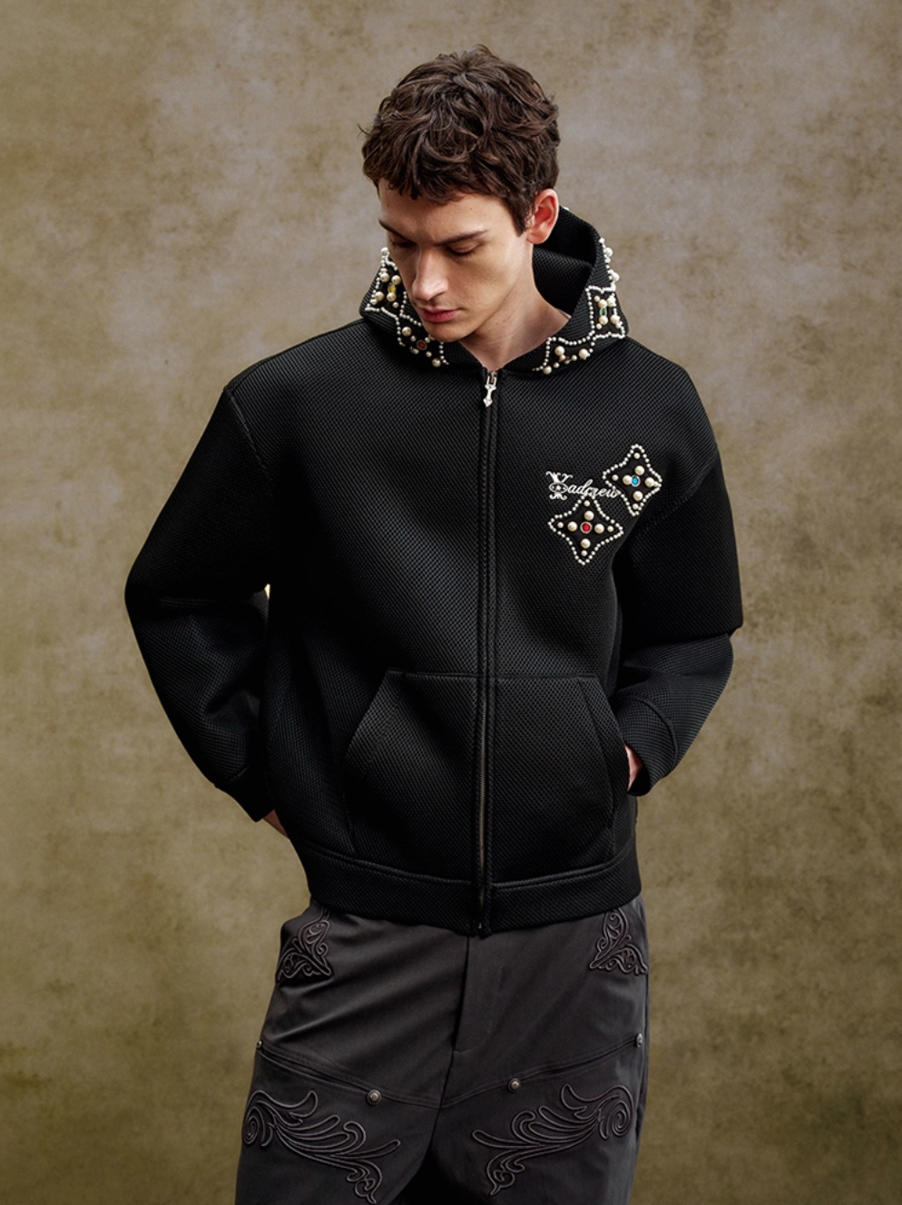 YADcrew Colorful Gemstone Pearl Mesh Zip Up Hoodie | Face 3 Face