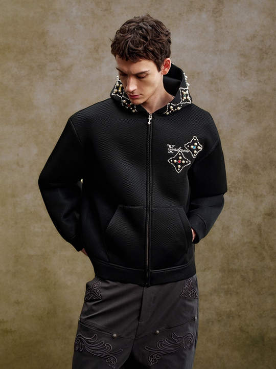 YADcrew Colorful Gemstone Pearl Mesh Zip Up Hoodie | Face 3 Face