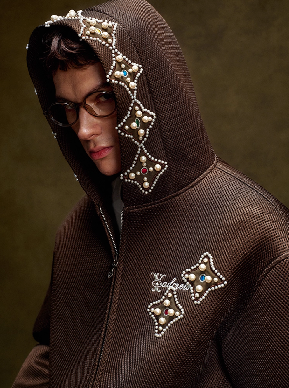 YADcrew Colorful Gemstone Pearl Mesh Zip Up Hoodie | Face 3 Face